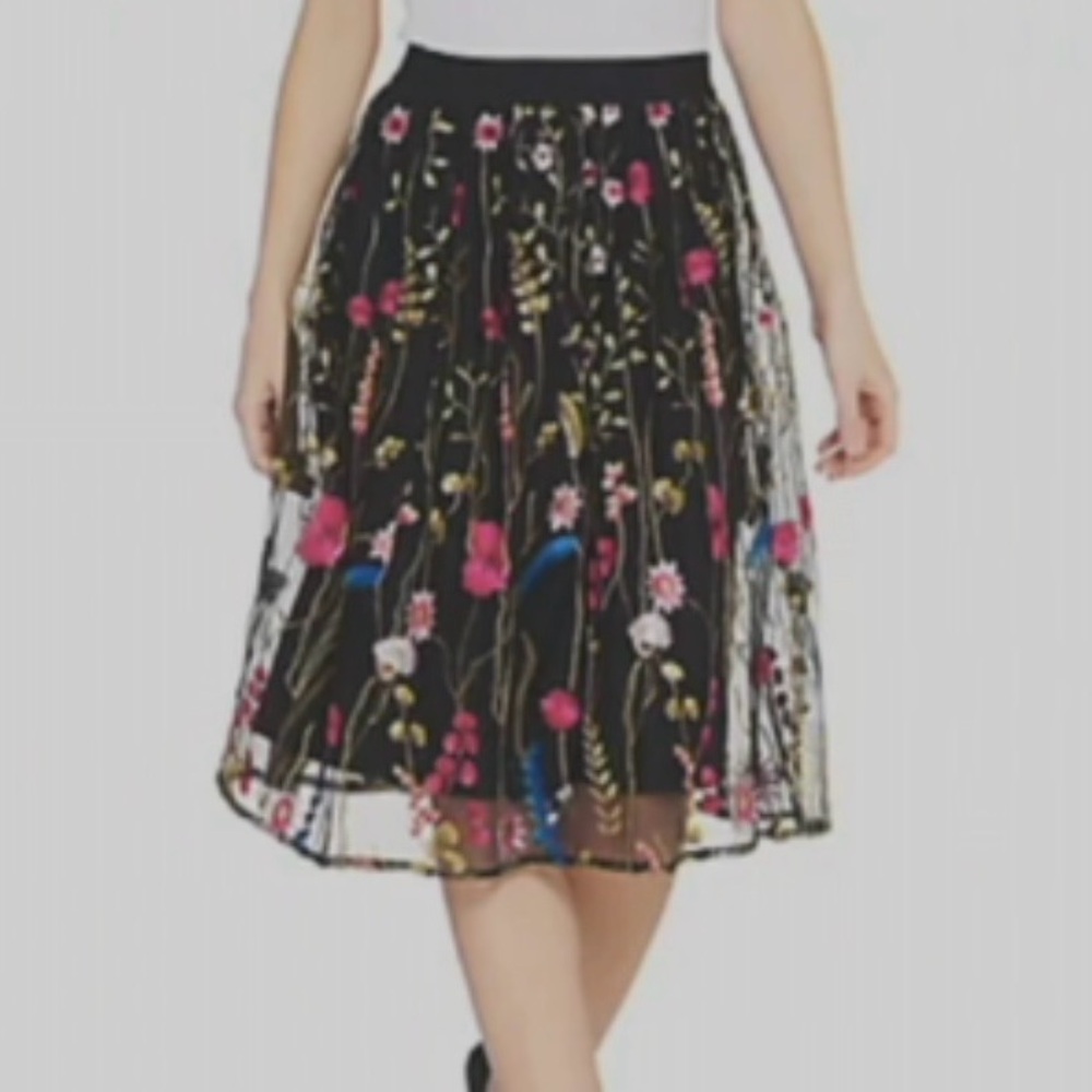 Susan Graver Black Midi Skirt With Vibrant Floral
Embroidered Tulle Overlay LG